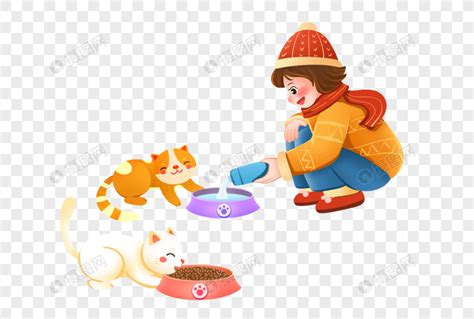 冬天女孩喂流浪猫插画图片下载-正版图片402018348-摄图网