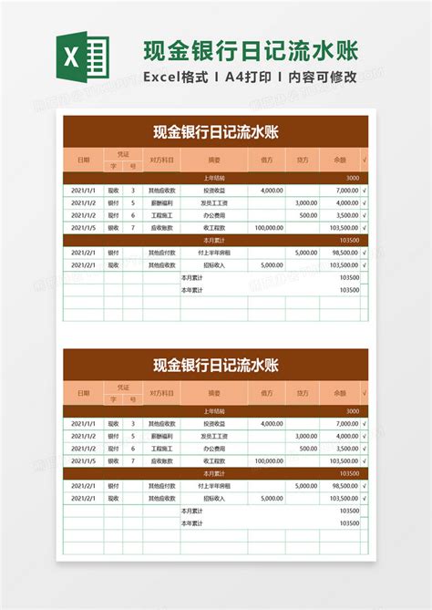 现金银行日记流水账Excel模板下载_熊猫办公