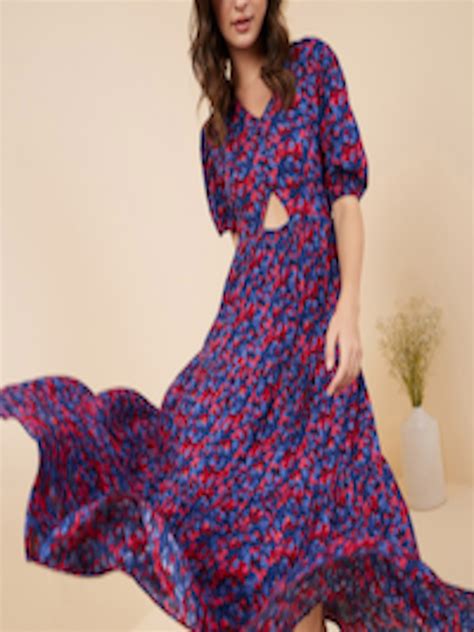 Buy RARE Blue & Red Floral Printed V Neck Cut Out Detail Puff Sleeve ...