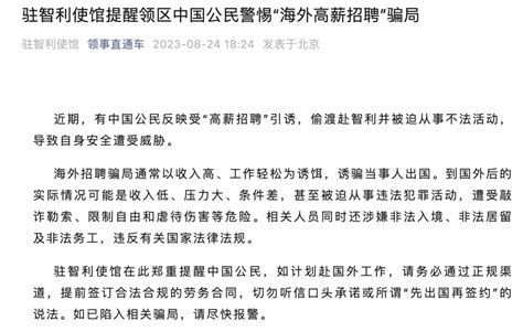 驻智利使馆提醒领区中国公民警惕“海外高薪招聘”骗局|智利|中国公民_新浪新闻