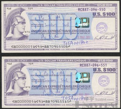 2011年美国运通旅行支票100美元二枚，连号（887096550、887096551）_编号1304740 - 华宇拍卖