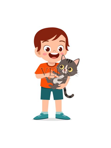 可爱的三岁男孩抱着一只小猫用快乐高清图片下载-正版图片503083609-摄图网