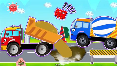 工程车儿童乐园启蒙动画：挖掘机、水泥搅拌车、卡车拉泥沙填大坑修公路