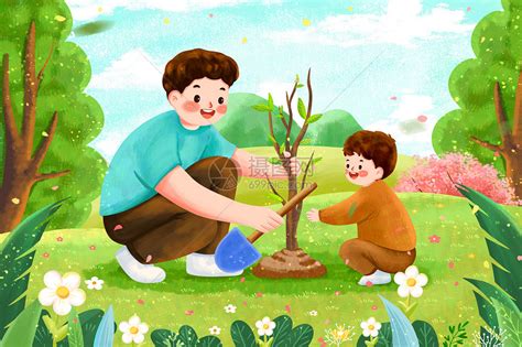 父亲和孩子一起种树插画插画图片下载-正版图片402429868-摄图网