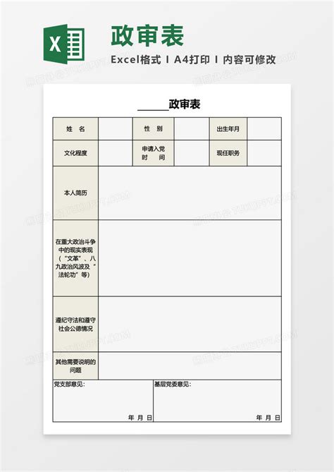 政审表Excel模板下载_熊猫办公