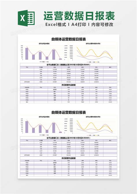 紫色简约自媒体运营数据日报表模版Excel模板下载_熊猫办公
