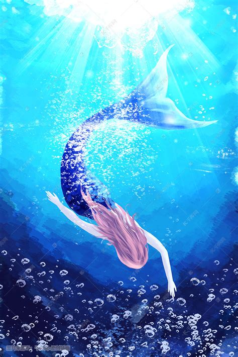 手绘深海中的美人鱼插画图片-千库网