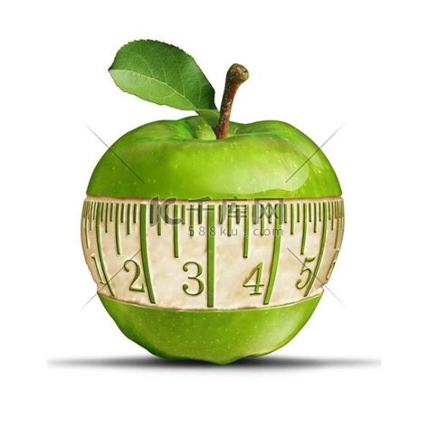 健身青苹果符号作为从健康水果中雕刻出来的卷尺形状，作为健康食品节食和减肥或保持苗条的健身和营养概念，并带有 3D 插图元素。高清摄影大图-千库网
