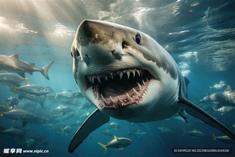 大白鲨做事和牙齿在蓝色的海洋高清摄影大图-千库网