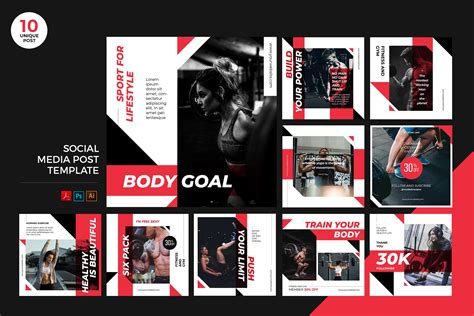 健身训练主题社交媒体设计素材包 Gym Training Social Media Kit PSD & AI Template – 设计小咖
