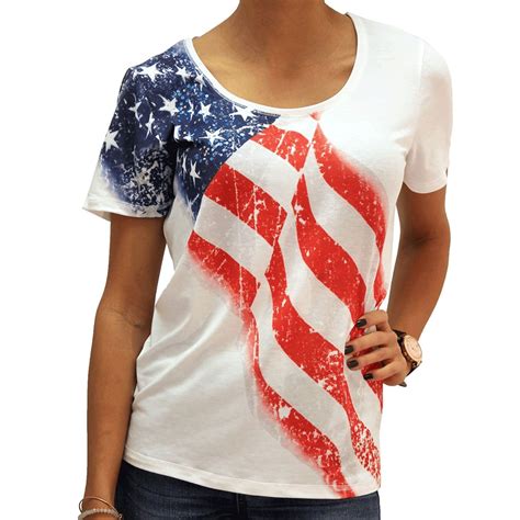 Ladies White American Flag Short Sleeve Scoop Neck T-shirt with Sequins ...