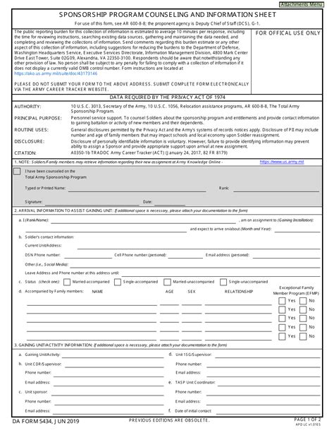 DA Form 5434 Download Fillable PDF or Fill Online Sponsorship Program ...