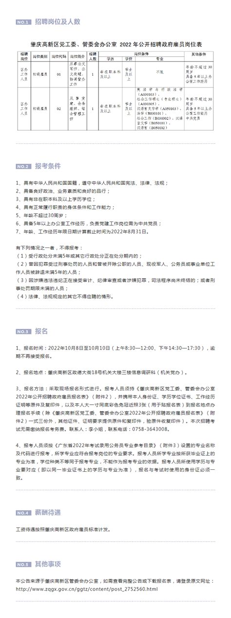 肇庆高新区党工委、管委会办公室2022年公开招聘政府雇员公告-肇庆中青人才网