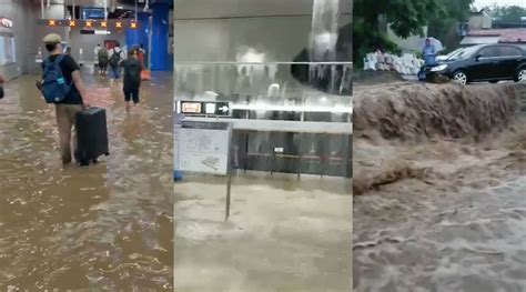 多点位直击北京暴雨：地铁站内乘客踏水通行 汽车被淹局地发生山洪_手机新浪网