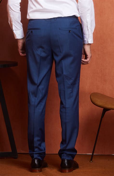 中蓝色暗条纹毛涤混纺外翻边西裤-男装定制 | 拉雅网，拉雅私定，拉雅私人定制，在线定制领导品牌