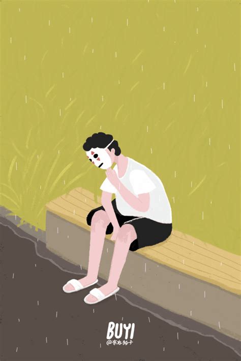 下着雨躲在面具里偷偷地在哭泣独自一个人插画GIF动态下雨插画 @布衣狗子