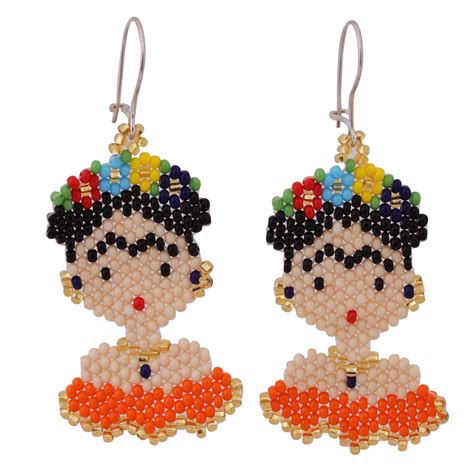 Glass Beaded Frida Dangle Earrings in Orange from Mexico - Orange Frida ...