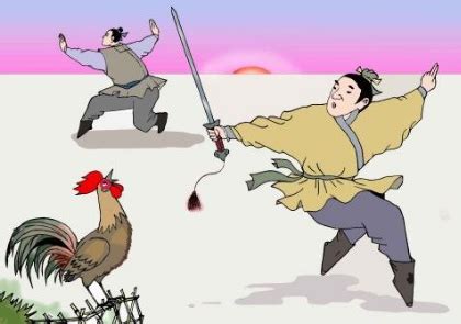 成语故事闻鸡起舞大公鸡绿色古装男士舞剑图片下载_红动中国