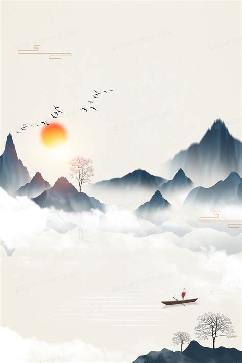 意境山水云雾渔船中国风背景背景图片素材免费下载_熊猫办公