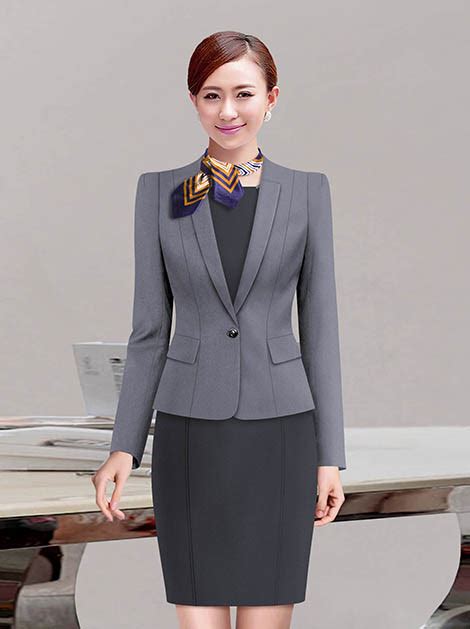 灰蓝色妙龄女套装办公室服装制服设计效果图_原创制服设计，职业装设计