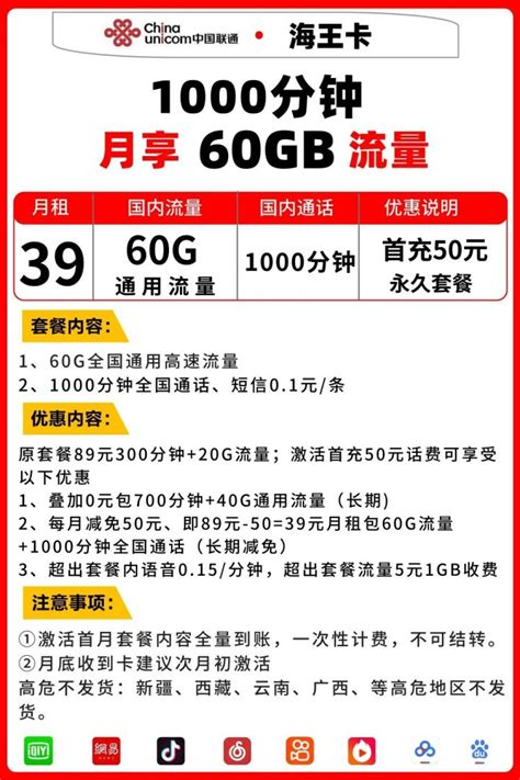 联通海王卡套餐介绍 39元月租包60G全国通用流量+1000分钟语音 - 卡名网