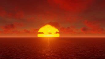 远眺海天之间，一轮红日从云层喷薄而出，霞光照耀在海面…………