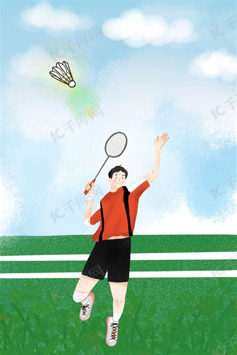 卡通简约羽毛球运动人物跳跃海报背景图片免费下载-千库网