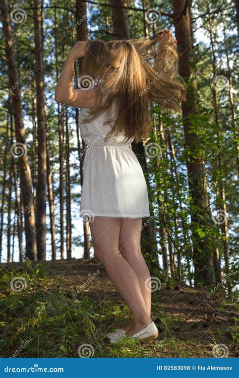 Long Hairy Women Posture in Coniferous Forest Stock Photo - Image of ...