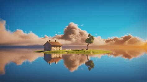 蓝天 云 小岛上的房子 小树 水 唯美意境 4k风景壁纸_图片编号334775-壁纸网