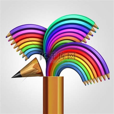 创意表达概念作为一组彩虹色铅笔从一支大开放铅笔中涌现出来，作为丰富多彩的艺术交流的想象力隐喻作为 3D 插图。高清摄影大图-千库网