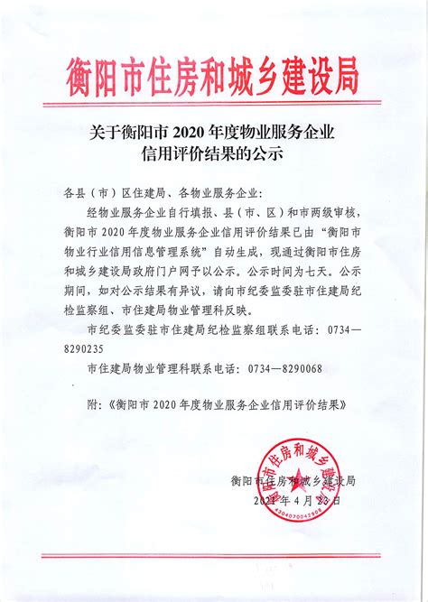 衡阳市人民政府门户网站-关于衡阳市2022年度物业服务企业信用评价结果的公示