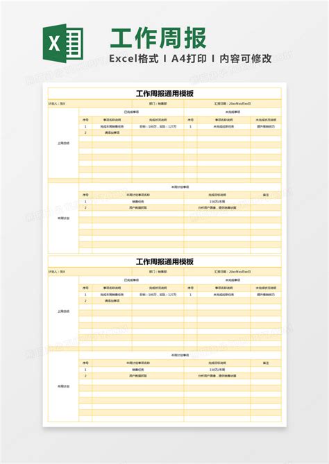 黄色简约工作周报通用模版Excel模板下载_熊猫办公