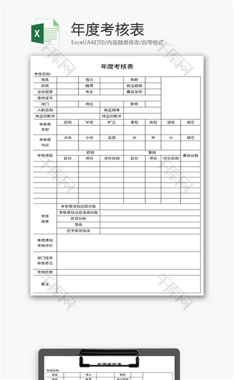 年度考核表Excel模板_千库网(excelID：139520)
