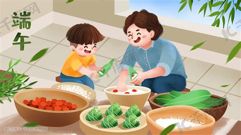 端午节和奶奶一起包粽子端午插画图片-千库网