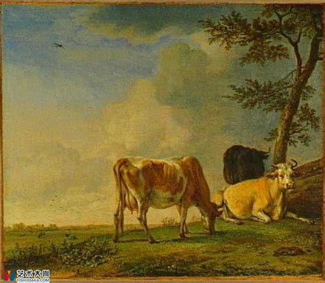草地上的三头牛油画经典作品欣赏_保卢斯·波特-艺术大咖
