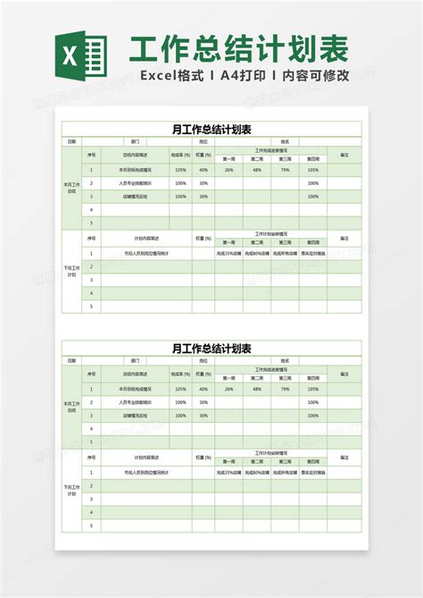 绿色简单月工作总结计划表模版Excel模板下载_熊猫办公
