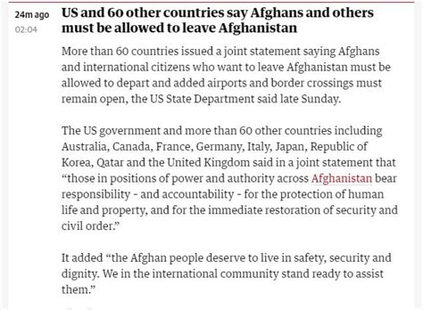 快讯！超60国发表联合声明：阿富汗人和在阿国际公民必须获准离境