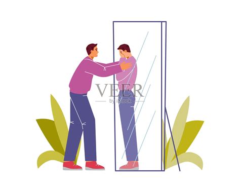 自我照顾与接纳概念矢量插图。男人支撑着自己，拥抱着镜子里的自己。插画图片素材_ID:430812023-Veer图库