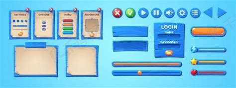 蓝色木板上的游戏 ui 菜单界面、卷轴和古董羊皮纸。背景图片免费下载_海报banner/高清大图_千库网(图片编号6204286)