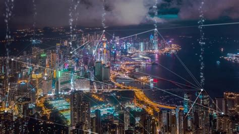 4k分辨率香港鸟瞰图，数据网络连接技术概念。智慧城市概念、通信网络、物联网概念视频素材_ID:VCG42N1166914061-VCG.COM