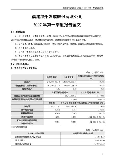 漳州发展：2007年第一季度报告全文