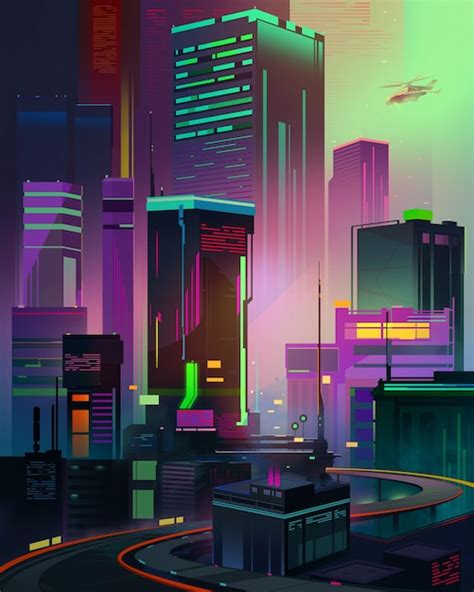 Premium Photo | Drawn city of the future cyberpunk urban landscape