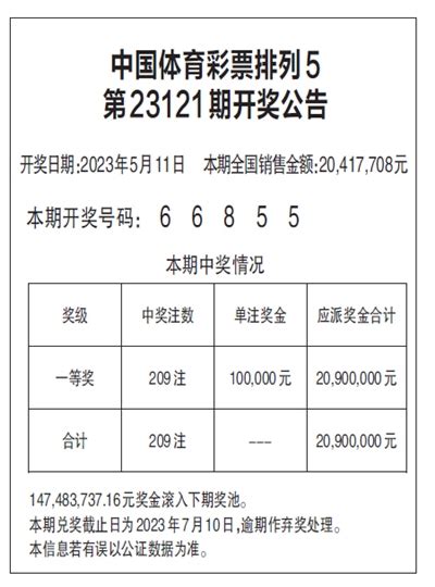 中国体育彩票排列5 第23121期开奖公告_都市快报