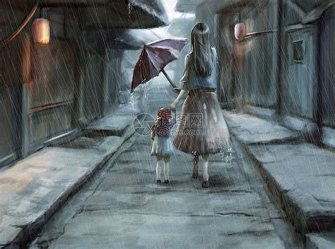 下雨的街道 母亲给女儿打伞插画图片下载-正版图片400150662-摄图网