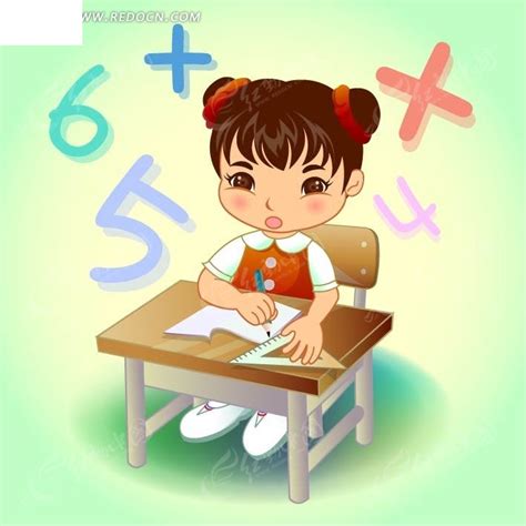 在书桌旁学习数学的卡通女孩EPS素材免费下载_红动网