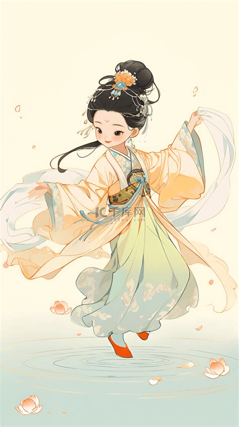 中国风唐风水上跳舞女孩人物插画图片-千库网
