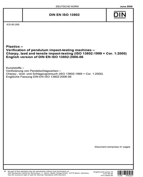 DIN EN ISO 13802:2006 - Plastics - Verification of pendulum impact ...