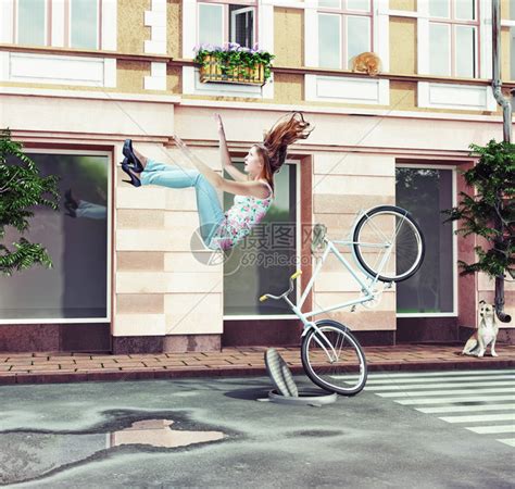 女孩从自行车上摔下来在城市街道插画图片下载-正版图片402248202-摄图网
