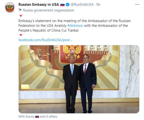 返回华盛顿复工第一天，俄驻美大使与中国大使会面，介绍“普拜会”情况_凤凰网