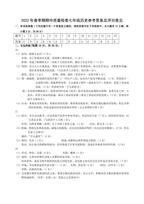 广西贵港市桂平市2021-2022学年七年级下学期期中考试历史试题（含答案）-21世纪教育网